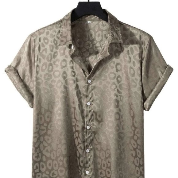 Grey Mens leopard print Button Up Tee Shirt - Picture 1 of 7